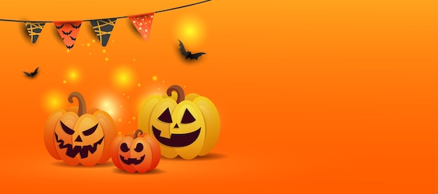 Vektor halloween-konzept mit jack kürbissen, schwarzen fledermäusen, farbige zeichnung von girlanden mit kopienraum auf orange gradientenhintergrund