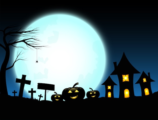 Vektor halloween-konzept mit schloss und vollmondnacht