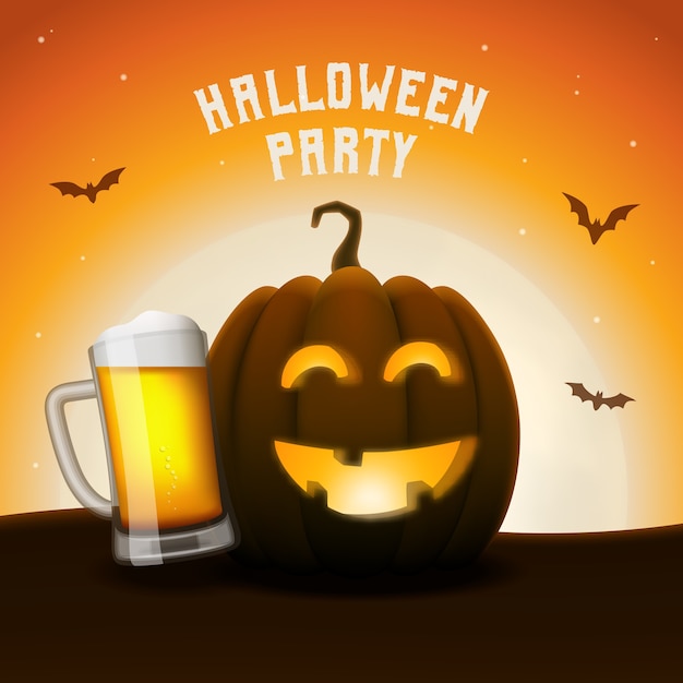 Vektor halloween kürbis bier party banner. jack-o-laterne mit bierkrug.