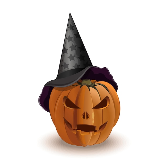 Halloween-Kürbis in einem dreieckigen Hexenhut isoliert auf weißem Hintergrund. Cliparts für Halloween.