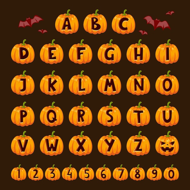 Halloween-kürbis-schriftalphabet-textsymbol-vektorillustration