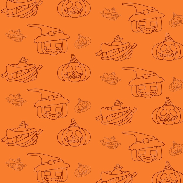 Halloween-kürbis schwarze dünne linie illustration auf orangefarbenem hintergrund nahtloses muster im vektor halloween-hintergrund