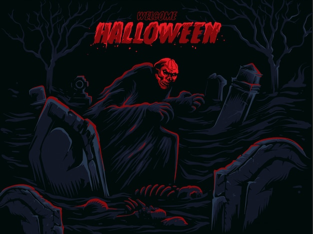 Halloween-Kürbis vor dem Geist und dem Schloss in den Schatten.