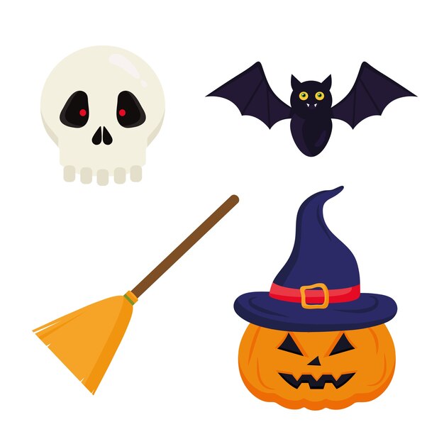 Halloween Kürbisbesen Fledermaus und Schädel Design, Halloween-Thema.