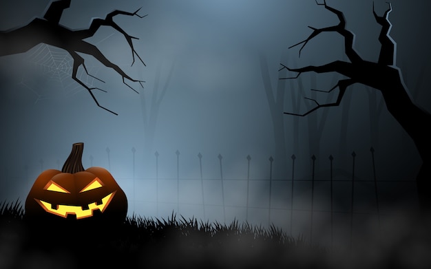 Vektor halloween-kürbise am nebeligen grab