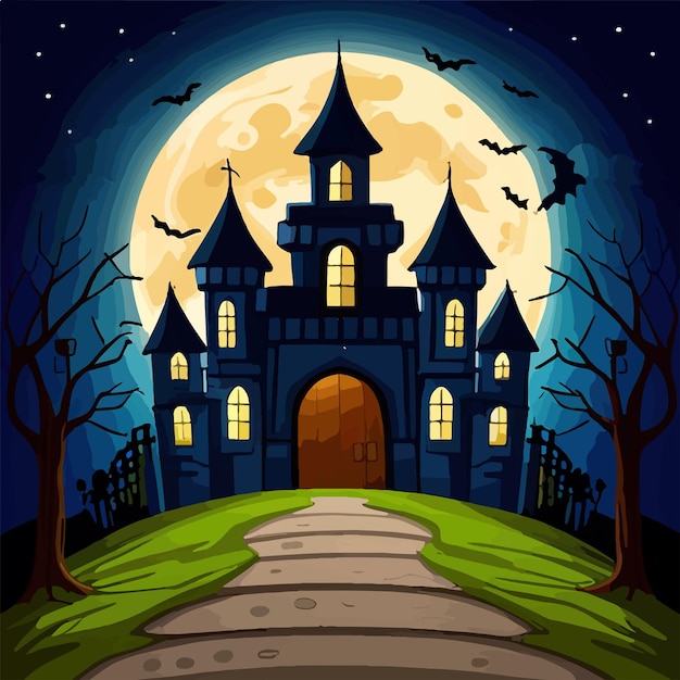 Halloween-Kürbisse auf der Straße und dunkles Schloss auf blauem Mondhintergrund mit Fledermaus-Vektorillustration