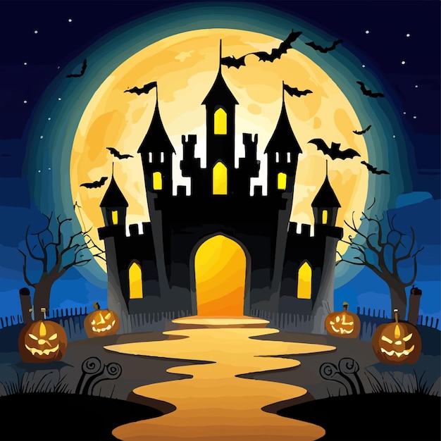 Halloween-Kürbisse auf der Straße und dunkles Schloss auf blauem Mondhintergrund mit Fledermaus-Vektorillustration