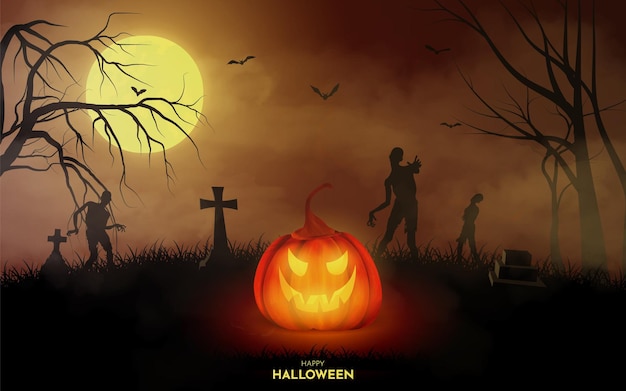 Halloween Kürbisse gespenstische Bäume Friedhof und Zombie mit Mondlicht auf orangefarbenem Hintergrund