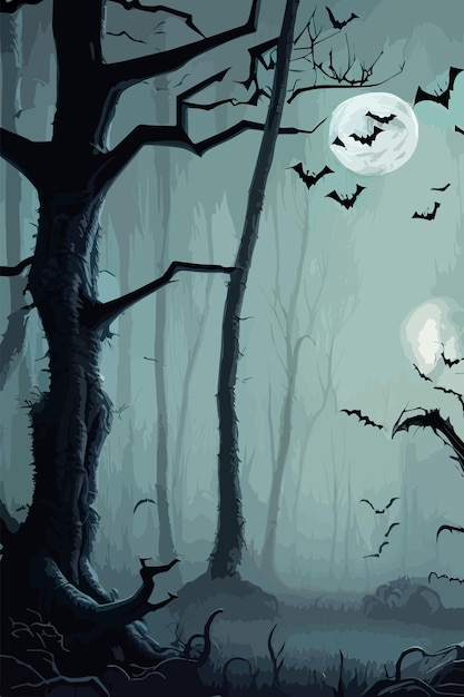 Vektor halloween-kürbisse im dunklen gruseligen wald, vektorgrafik für halloween