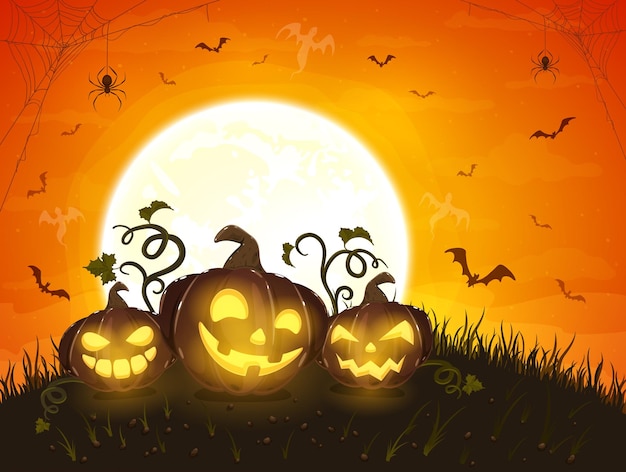 Halloween Kürbisse und Mond auf orangem Hintergrund