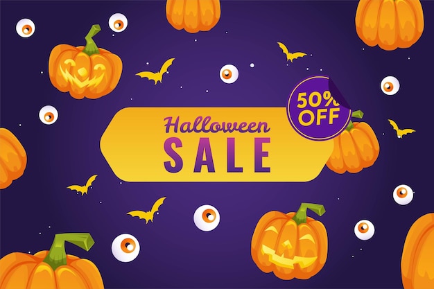 Halloween-kürbisverkauf 50 prozent rabatt auf das rabattkonzept. banner- und hintergrundvektorillustration