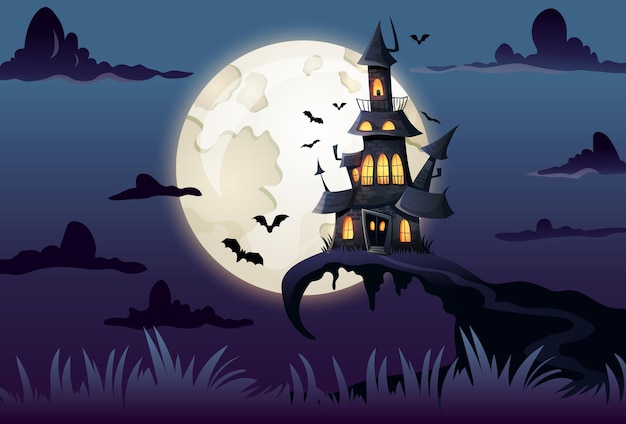 Halloween-landschaft mit gruseligem spukschloss und vollmond mit fledermaus-cartoon-illustration