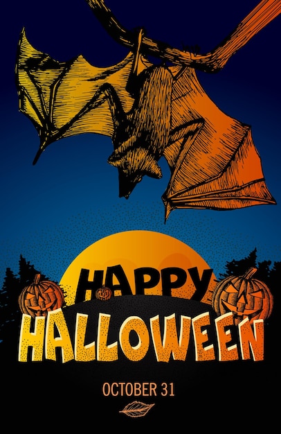 Halloween-landschaft mit kürbissen und buchstaben auf den hügeln in perspektivischer ansicht, von der fledermaus hängt