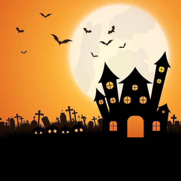 Vektor halloween-landschaftshintergrund mit gespenstischem haus und kürbislaternen
