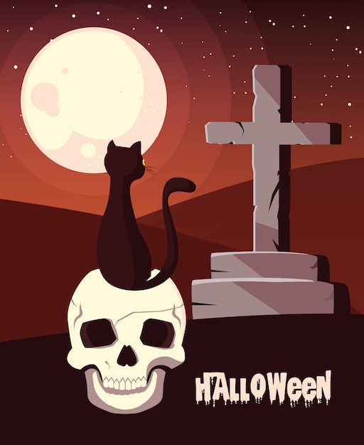 Halloween mit katze im schädel