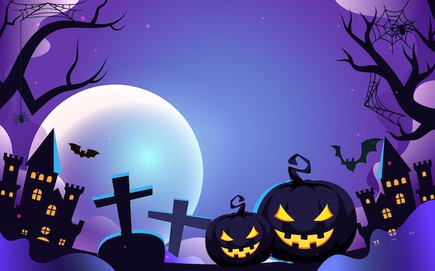 Halloween mit Kürbislaterne vorne und Burg und Mond im Hintergrund, Vektorillustration
