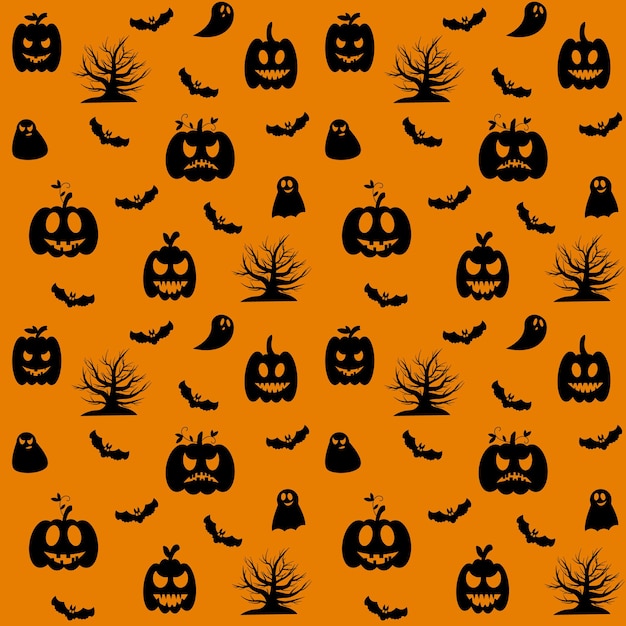 Halloween-Muster. Auf einem orangefarbenen Hintergrund schwarze Silhouetten eines Kürbises, eines Baumes, Fledermäuse und eines Geistes. Vektor-Illustration.