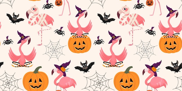 Vektor halloween-muster mit flamingo-kürbis und web vektor nahtlose textur