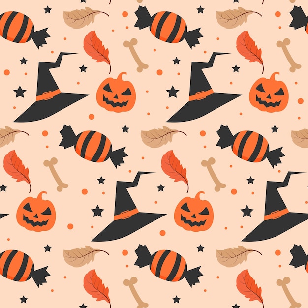 Halloween-muster mit hexenhut und halloween-süßigkeiten. nahtloses halloween-muster