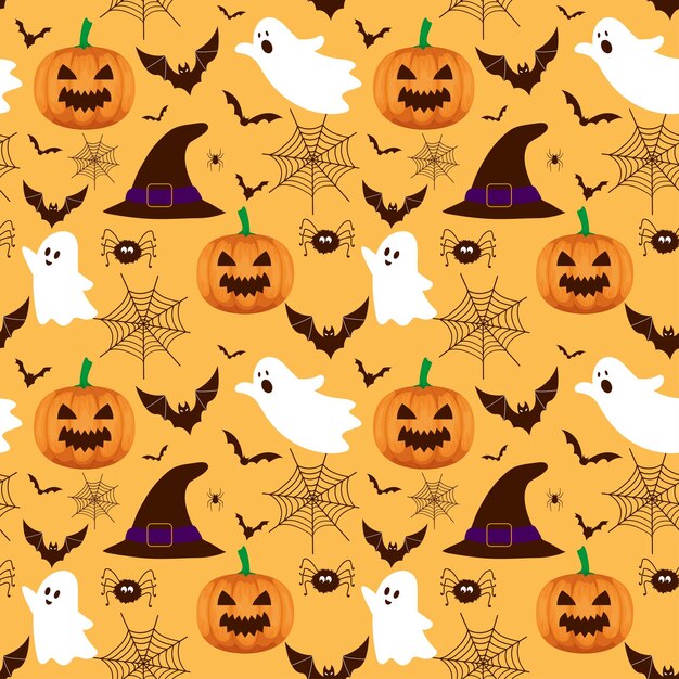 Vektor halloween-musterhintergrund mit kürbisillustration und hexenhüten