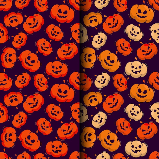 Vektor halloween-musterkollektion mit halloween-kürbissen in verschiedenen farben auf dunklem hintergrund