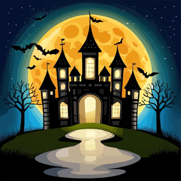 Halloween-Nacht mit schwarzem Silhouettenschloss auf der Straße und Fledermäusen vor dem Hintergrund des Mondes
