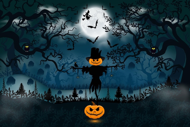 Halloween-Nachtfeier-Illustration mit Halloween-Kürbissen, Fledermausmond und Geisterhaus-Vektor