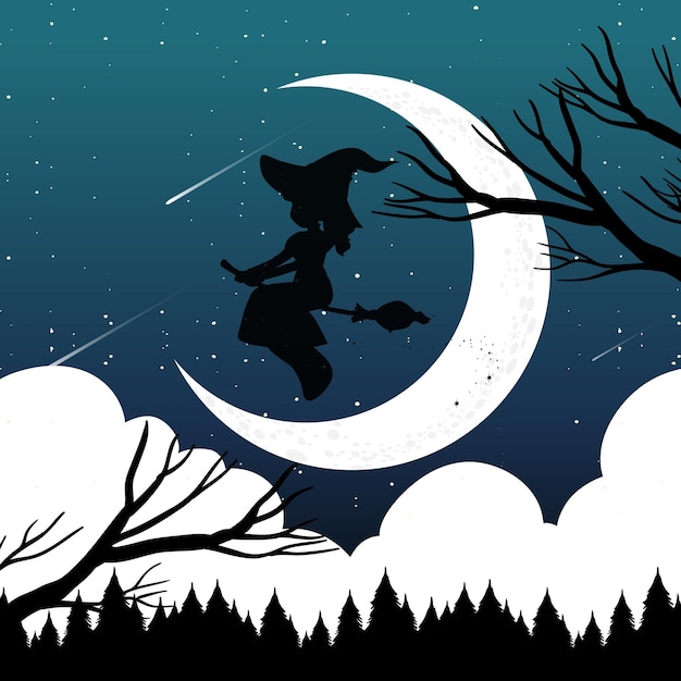 Halloween-nachthintergrund mit hexensilhouette