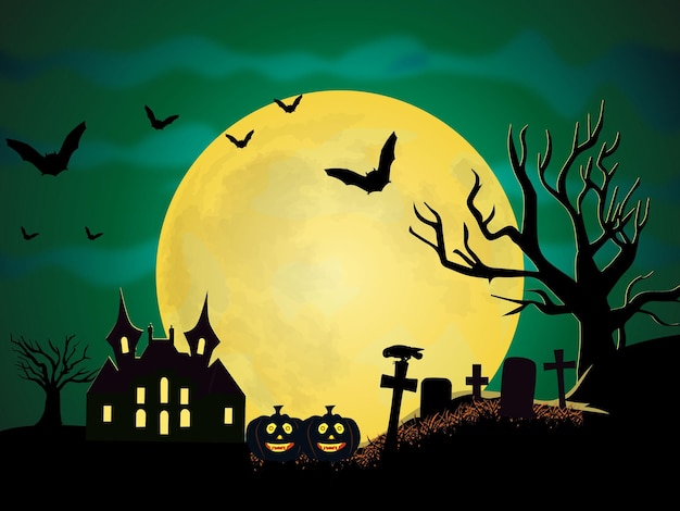 Halloween-nachthintergrund mit kürbis- und geisterhausvektor