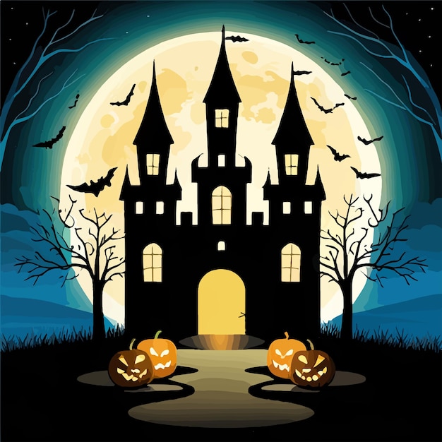 Halloween-Nachthintergrund mit Kürbissen und dunklem Schloss vor dem Hintergrund des Mondes und Fledermäusenvektors