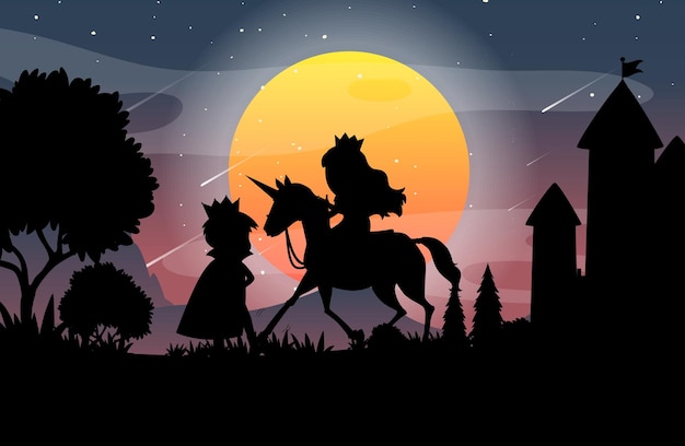 Halloween-Nachthintergrund mit Prinz- und Prinzessinschattenbild