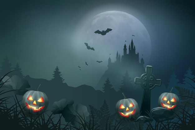 Halloween-Nachtszene mit Kürbis, Gräbern und Schloss