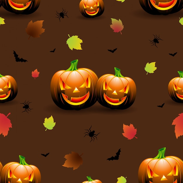 Vektor halloween nahtlose muster illustration mit kürbisse beängstigend gesichter und herbst blätter auf dunklem hintergrund.