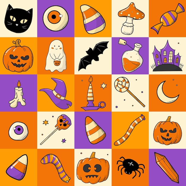 Halloween nahtloses karomuster mit kritzeleien für geschenkpapier, scrapbooking-tapete