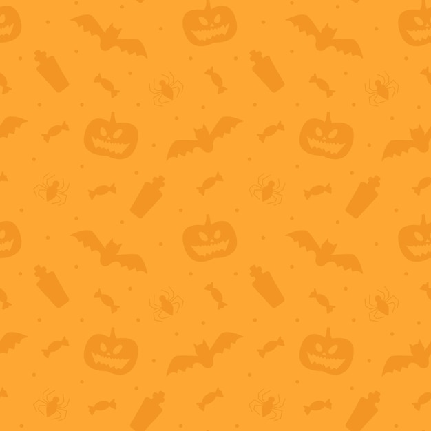 Vektor halloween nahtloses muster mit kürbisspinne fledermaus gift bonbons auf orangem hintergrund