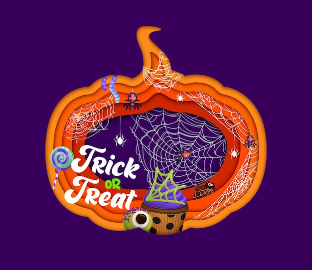 Halloween-Papiergeschnittener Kürbis mit Spinnen und Spinnweben Vektor-Hintergrund mit Zeichentrickfilm-Ferien-Süßigkeiten im Inneren von Jack-Lantern-Form 3D Papercut-Rahmen mit Trick or Treat-Desserts Gebäck und Lolli