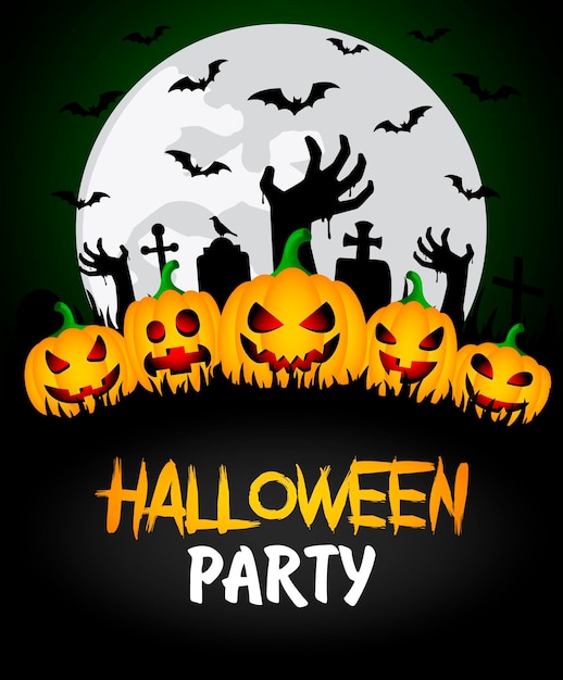 Halloween-party-banner poster mit zombiehänden auf dem friedhof und lustigen kürbissen halloween-grußkarte