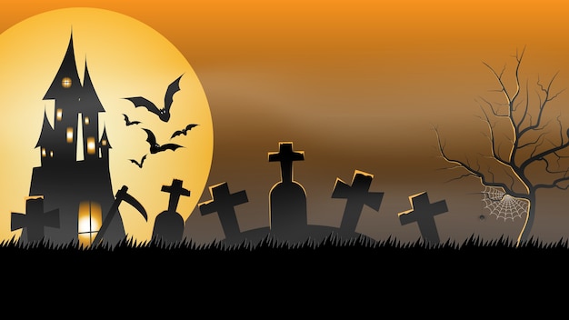 Halloween-Party-Banner, Vollmond, Spukhaus auf dem Friedhof. Feiertags-Party-Einladungsplakat, Grußkarte, Partyeinladung, Vektorillustration.