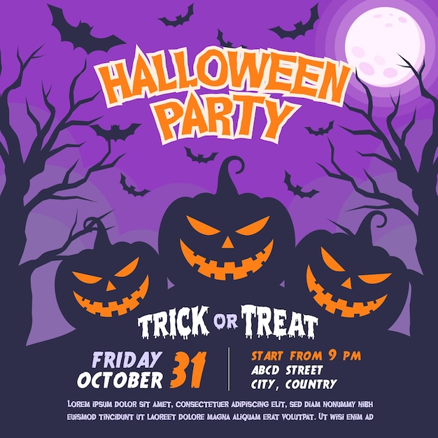 Halloween Party Einladung Vorlage mit Kürbis Fledermäuse Baum und Mond für Poster und Flyer