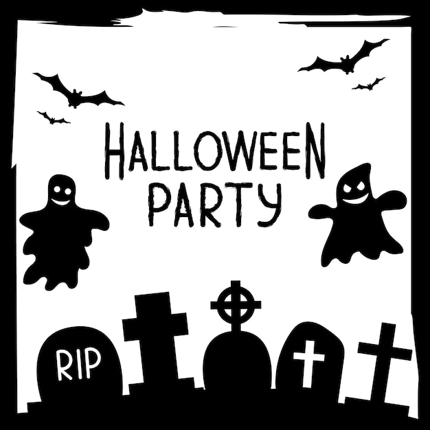 Halloween-party-einladungen oder grußkarten-banner mit traditionellen halloween-symbolen. flyer mit platz für textprobe mit textur in einem einfachen grunge-rahmen. vektorillustration in schwarzweiss.