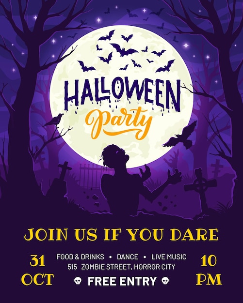 Halloween Party Flyer mit Zombie Fledermäusen und Bäumen