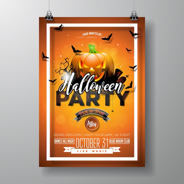 Vektor halloween party flyer vektor-illustration mit kürbis und friedhof auf orange himmel hintergrund. feiertagsentwurf mit spinnen und fledermäusen für parteieinladung, grußkarte, fahne, plakat.