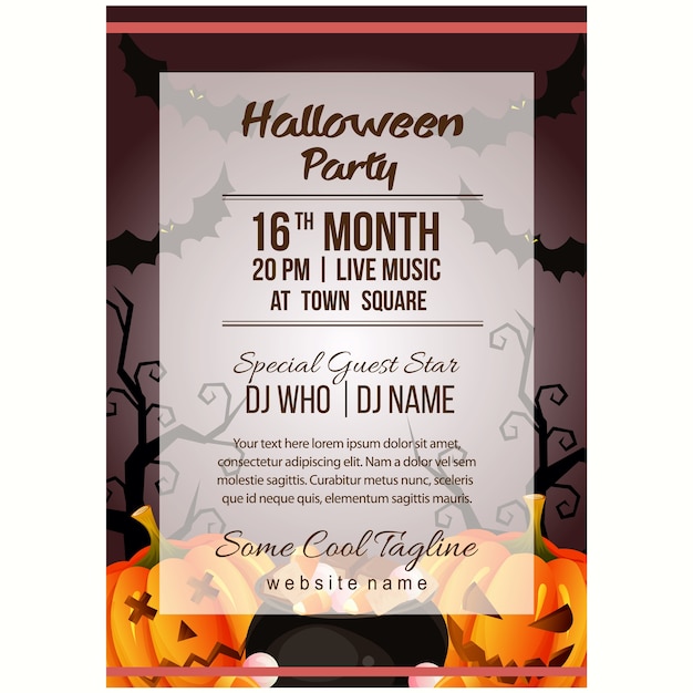 Vektor halloween-party-plakat-vorlage mit lustigen gesicht kürbis