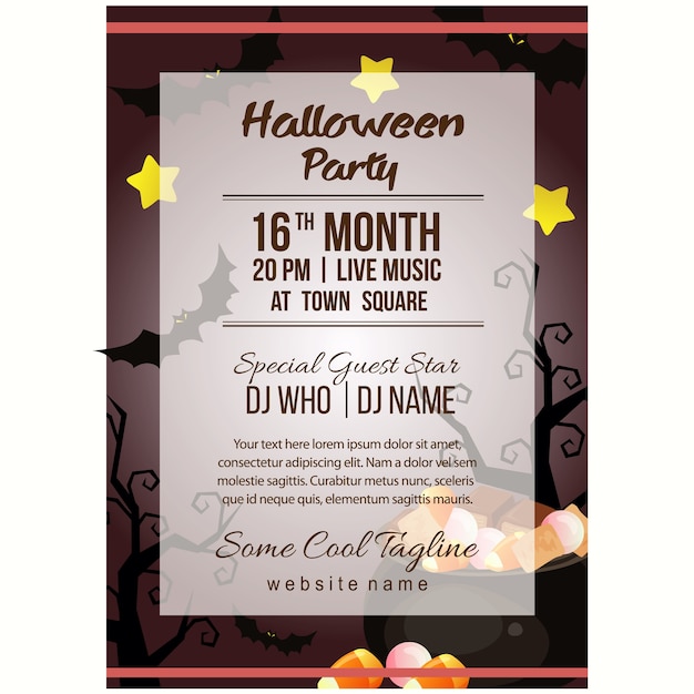 Vektor halloween-party-plakat-vorlage mit topf süßigkeiten