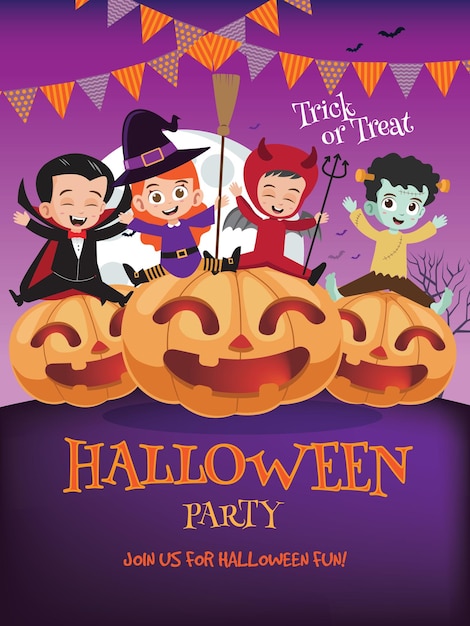 Halloween-Party-Poster mit einer Gruppe von Kindern in Halloween-Kostümen Vektorillustration