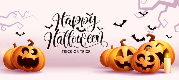 Halloween-party-vektor-hintergrunddesign fröhlicher halloween-text mit süßen und lustigen kürbisgesichtern