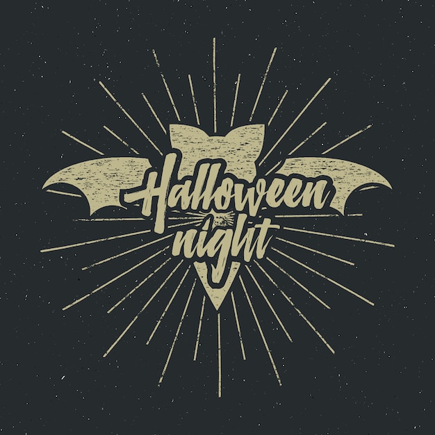 Halloween-partynachtaufkleberschablone mit schläger, sonnenexplosionen und typografieelementen auf dunkelheit