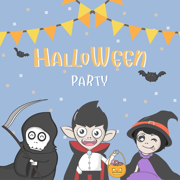 Halloween-partyplakat mit gruppe des netten halloween-kostüms. vektor und illustration