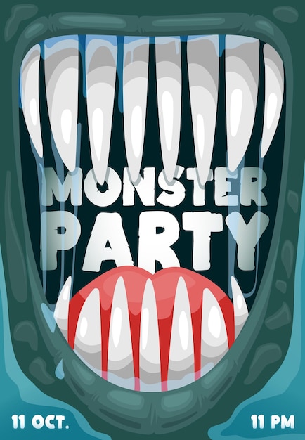 Vektor halloween-partyplakat mit gruseligem monstermaul