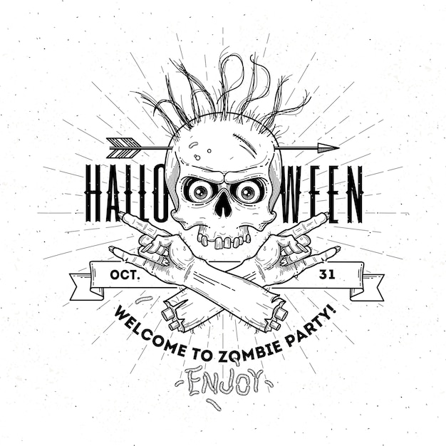 Halloween-plakat mit zombiekopf und handlinienkunstillustration